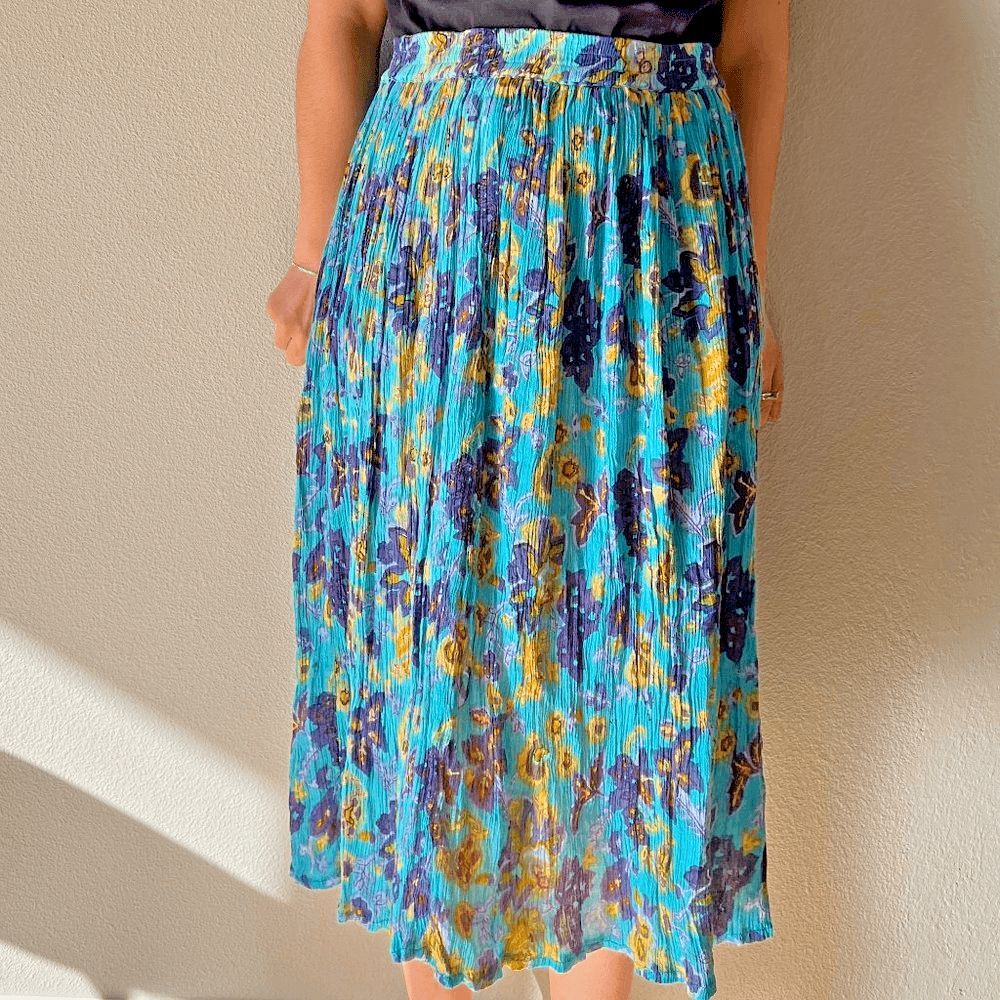 Vtg 80s Olivia‎ Womens Floral Accordion midi skirt blue purple boho medium rayon